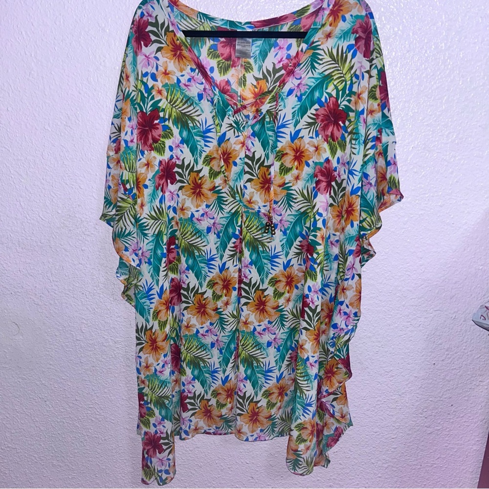 Time and Tru Floral Tropical Swim Coverup in Yellow, Green, Teal & Red